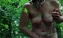 forest slave uro humiliations with chained french whore dildo chained to tree