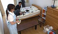 This shy petite Japanese maid gets her tight pussy filled with creampie by hotel guest during cleaning