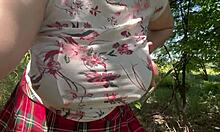 big boobed milf wife fingers hairy pussy outdoors in forest cheating