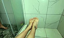 Sexy Petite Milf's Barefoot Toes and Feet Tease Stroke Huge Cock Before Riding in Shower Footjob Fetish