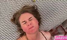 cute blonde in bra jeans and sneakers drools on deepthroat blowjob while dirty talking like a maledom slut