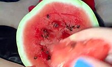 imagine watermelon stuffing this arab teen's tight shaved pussy lips for extreme squirting food fetish orgasms in homemade los angeles solo