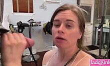 cute blonde in bra jeans and sneakers drools on deepthroat blowjob while dirty talking like a maledom slut