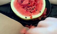 imagine watermelon stuffing this arab teen's tight shaved pussy lips for extreme squirting food fetish orgasms in homemade los angeles solo