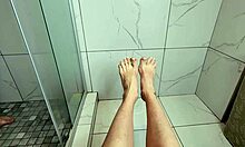 Sexy Petite Milf's Barefoot Toes and Feet Tease Stroke Huge Cock Before Riding in Shower Footjob Fetish