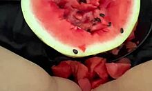 imagine watermelon stuffing this arab teen's tight shaved pussy lips for extreme squirting food fetish orgasms in homemade los angeles solo