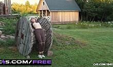 STRETCHED HELPLESS! Oiled Beauty's Tight Belly Brutally Punished Outdoors!