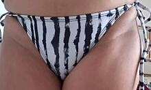 Stepson's huge bulge fascinates bikini beach me