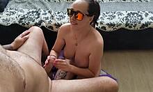 Shy step sis rides stepbro cowgirl after horny blowjob and handjob cum tits