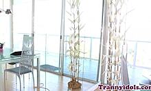 Tranny babe strokes cock while getting assfucked hard and deep