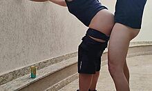 Sweaty bet loser strips for mechanic's rough outdoor revenge