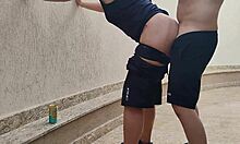 Sweaty bet loser strips for mechanic's rough outdoor revenge