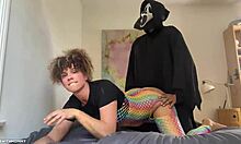 whoa, caught this masked intruder jerking his big cock 😈 now she rides it doggystyle 💦