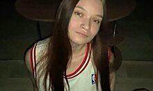 Kneeling Stepdaughter Delivers Deep Blowjob to Stepdad Before Cum on Big Natural Tits