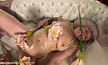 that old blonde milf housewife spreads her huge saggy tits and big puffy pussy lips for extreme solo fisting, anal toys, squirting to mega orgasm in private