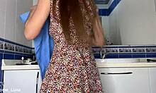 Skinny tattooed teen bares shaved pink pussy and wet folds up close