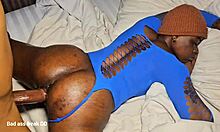 Ebony lover rides monster black cock doggystyle then squirts cum on ass bent over