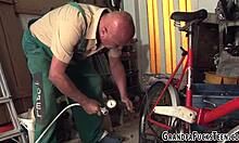 i can't resist peeing on grandpa before riding his old cock hard