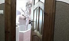 whoa sexy blonde milf in bathroom no panties roommate spies and jerks outside 👀💦🚿