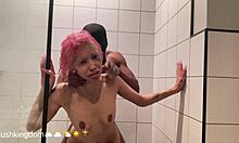 Michikomalandro drops to knees sucks bbc deep then bends for interracial anal shower pounding