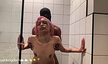 Michikomalandro drops to knees sucks bbc deep then bends for interracial anal shower pounding