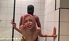 Michikomalandro drops to knees sucks bbc deep then bends for interracial anal shower pounding