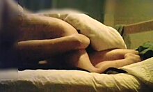 sexy red lingerie wife tempts with close-up handjob then rides cock milking every drop