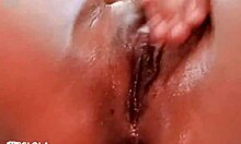 oily brunette solo rides huge dildo closeup wet pussy lips spread wide