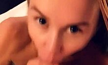 Blonde cutie delivers quick morning deepthroat blowjob swallowing hot load