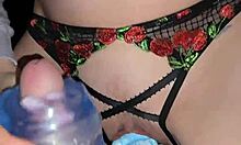 Milf grips huge cock handjob then rides dildo through crotchless panties