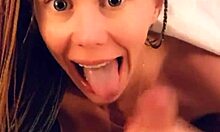 Blonde cutie delivers quick morning deepthroat blowjob swallowing hot load