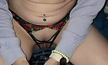 Milf grips huge cock handjob then rides dildo through crotchless panties