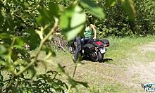 Horny shy Czech brunette deepthroats before wild outdoor motorbike fuck in public