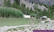 wanna see this teen lesbo finger her wet vag outdoors?