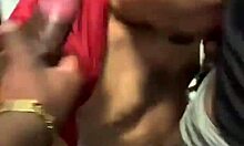 three guys crowd bathroom stall for sneaky hand grabs