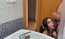 Neighbor unloads cumshot on my tits after hardcore bathroom doggystyle pounding