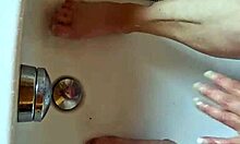 Chubby german mature washes dirty barefoot feet fetish style in the bathtub