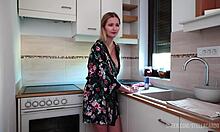 blonde housewife shakes wet pussy and big tits dancing in kitchen