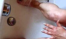 Chubby german mature washes dirty barefoot feet fetish style in the bathtub