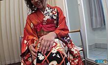 geisha babe flashes wet cunt then fingers to orgasm in casting