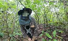 thai teen squats to pee in forest then fingers pussy moaning