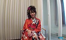 geisha babe flashes wet cunt then fingers to orgasm in casting