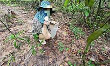 thai teen squats to pee in forest then fingers pussy moaning