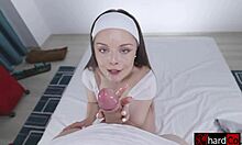 AMATEUR CUTIE BRUNETTE GREEN EYES SUCKS MONSTER COCK POV BIG FACIAL CUMSHOT!