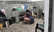stepsister stuck cleaning kitchen i help film her brunette ass cheeks