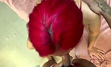 pretty tattooed redhead wife bends over moaning as interracial bareback fills her pussy deep