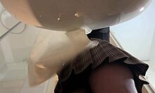 big tits blonde's pantyhose striptease heats bathroom!!