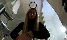 big tits blonde's pantyhose striptease heats bathroom!!