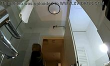 big tits blonde's pantyhose striptease heats bathroom!!