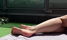 huge cock spied on balcony jerking wildly before exploding over wife's massive feet below